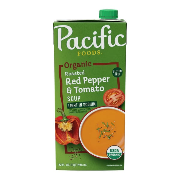 Soup, Broth & Bouillon Pacific Foods Organic Light in Sodium Roasted Red Pepper and Tomato Soup hero