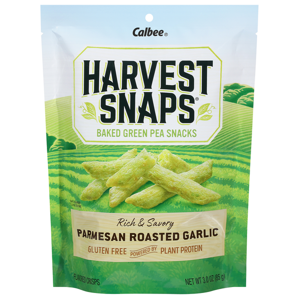 Fresh Vegetables Harvest Snaps Green Pea Snacks, Baked, Parmesan Roasted Garlic hero