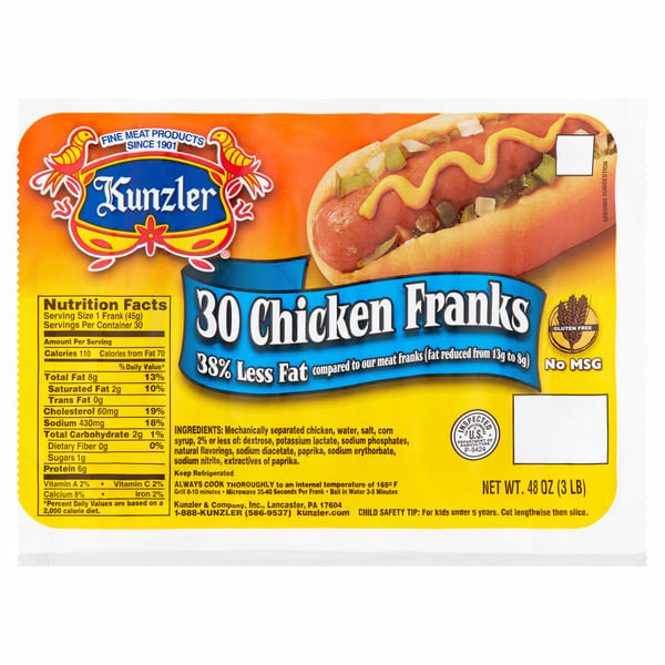 Hot Dogs, Bacon & Sausage Kunzler Chicken Franks 30 Count 48 Oz hero