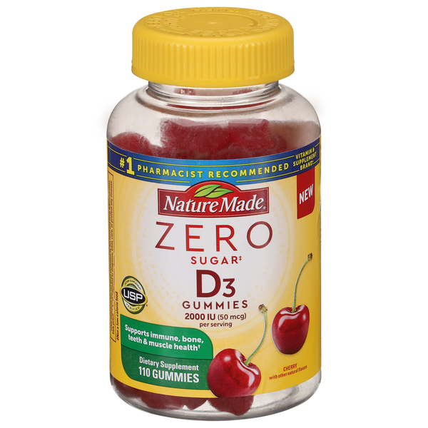 Vitamins & Supplements Nature Made Vitamin D3, Zero Sugar, 50 mcg, Gummies, Cherry hero