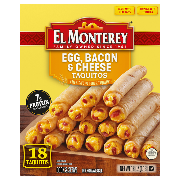 Frozen Breakfast El Monterey Taquitos, Egg, Bacon & Cheese hero