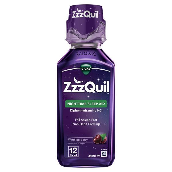 Stress & Sleep Aids Vicks ZzzQuil, Nighttime Sleep Aid Liquid, 50 mg Diphenhydramine HCl, Warming Berry hero