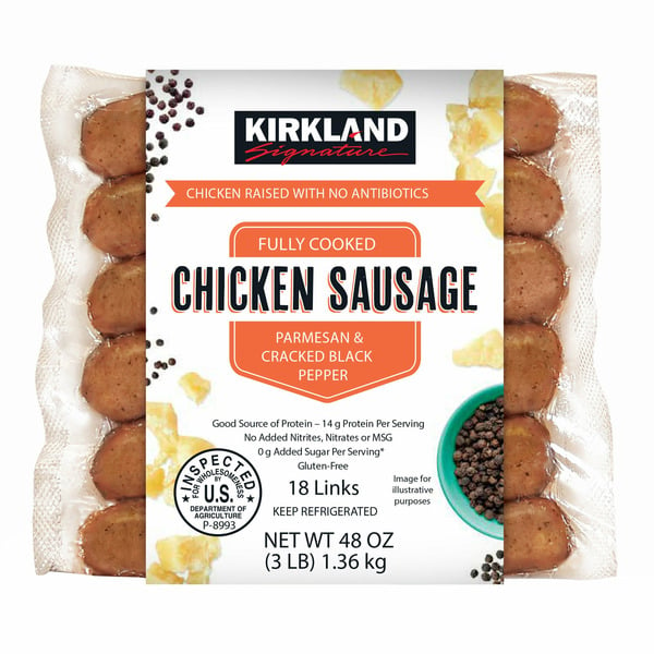 Hot Dogs, Bacon & Sausage Kirkland Signature Parmesan Black Pepper & Parmesan Chicken Sausage, 3 lbs hero