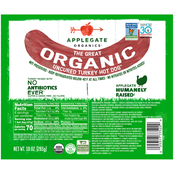 Hot Dogs, Bacon & Sausage Applegate Organics The Great Organic Uncured Turkey Hot Dog hero