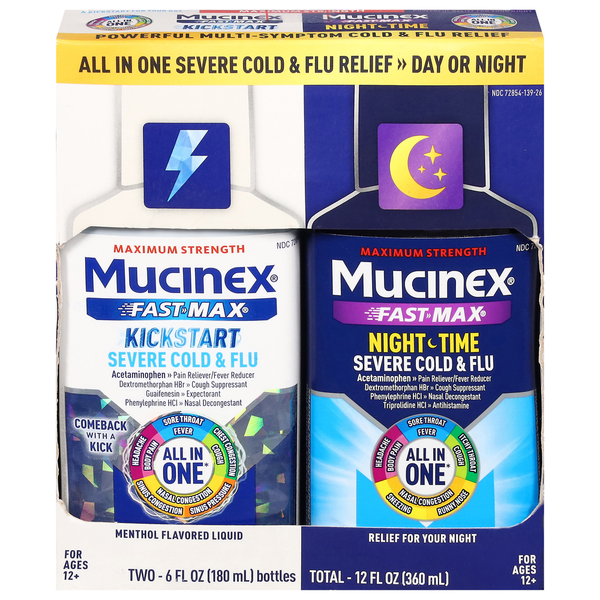 Mucinex Severe Cold & Flu, Maximum Strength, Kickstart/Night Time hero