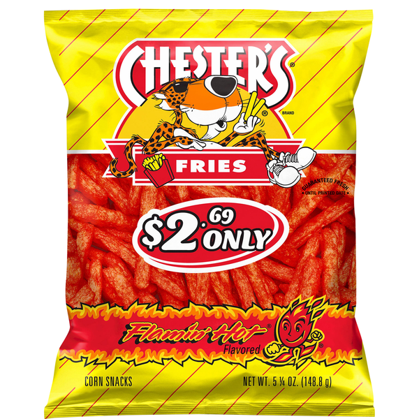 Chips & Pretzels Chester's Corn Snacks, Flamin' Hot Flavored, Fries hero