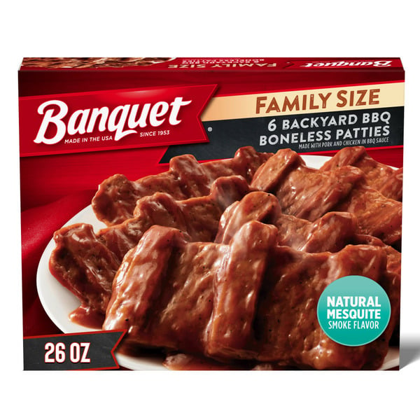 Frozen Meals Banquet Family Size Backyard BBQ Boneless Patties, Frozen Meal hero