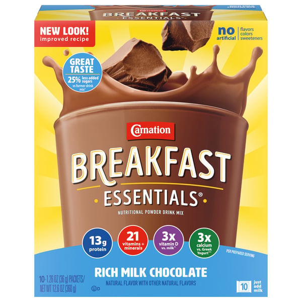 Breakfast Breads, Donuts & More Carnation Breakfast Essentials Nutritional Powder, Rich Milk Chocolate, Drink Mix hero