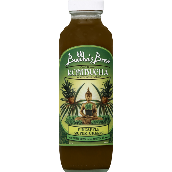 Refrigerated Buddha's Brew Kombucha, Pineapple Super Greens hero