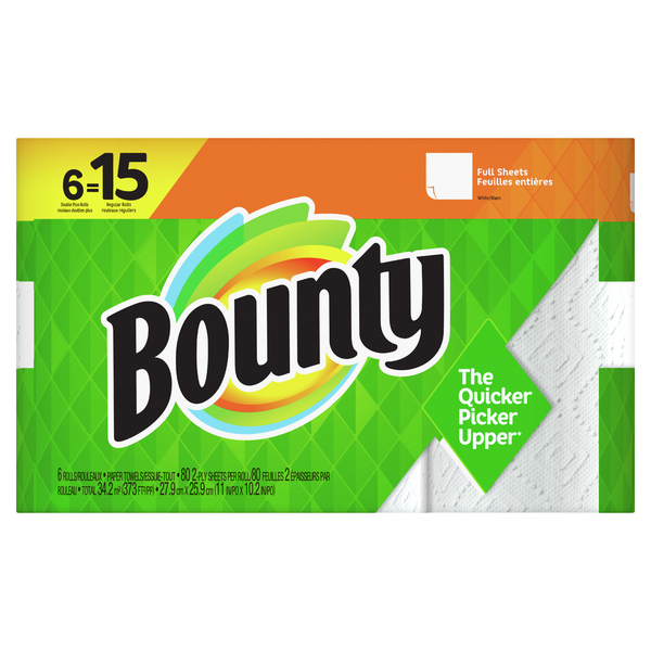 Paper Goods Bounty Paper Towels, White, 6 Double Plus Rolls = 15 Regular Rolls hero