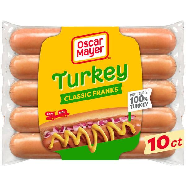 Hot Dogs, Bacon & Sausage Oscar Mayer Turkey Uncured Franks Hot Dogs hero