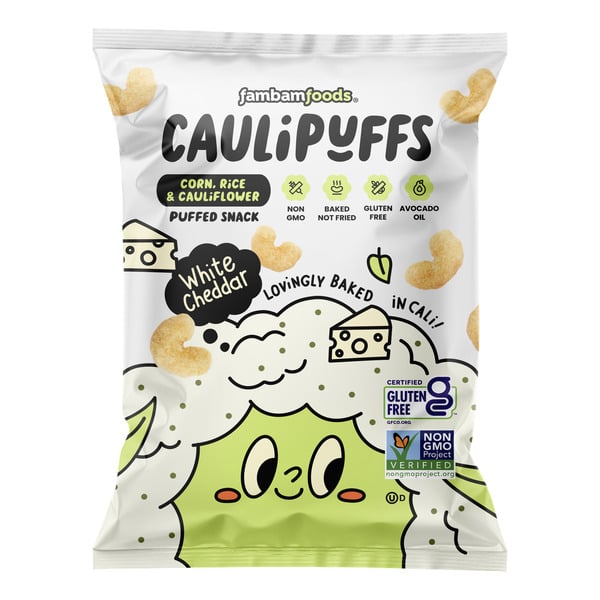 Chips & Pretzels CauliPuffs White Cheddar, Corn, Rice, & Cauliflower Gluten Free Puffed Snack hero