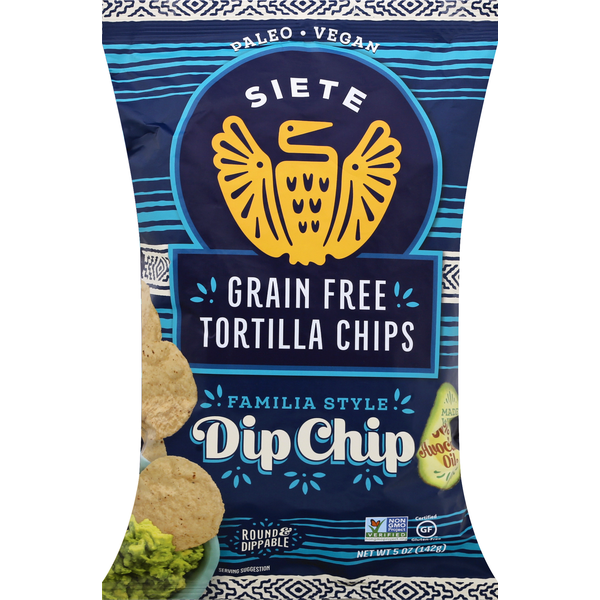 Potato Chips,Tortilla & Pretzels Siete Tortilla Chips, Grain Free, Dip Chip, Familia Style hero