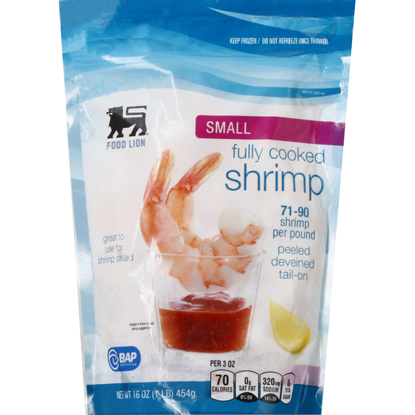 Frozen Shrimp & Shellfish Food Lion Cooked Small Shrimp, Peeled,Deveined,Tail-On,71-90 ct/lb hero