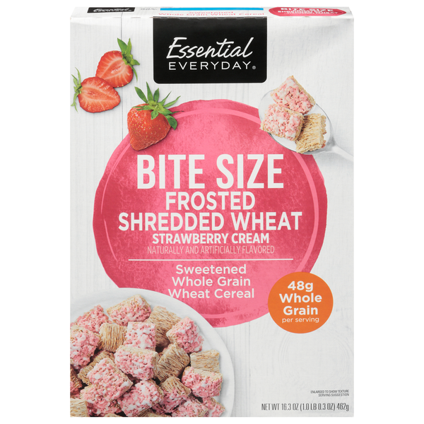 Cereal Essential Everyday Cereal, Shredded Wheat, Frosted, Strawberry Cream, Bite Size hero