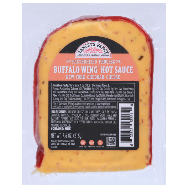 Packaged Cheese Yancey's Fancy Cheese, Bufflalo Wing Hot Sauce, New York Cheddar hero