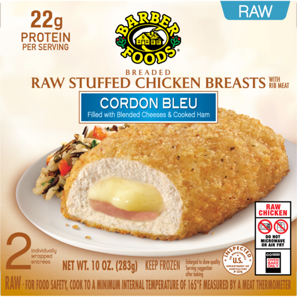 Packaged Poultry Barber Foods Breaded Raw Stuffed Chicken Breasts Cordon Blue - 2Ct hero