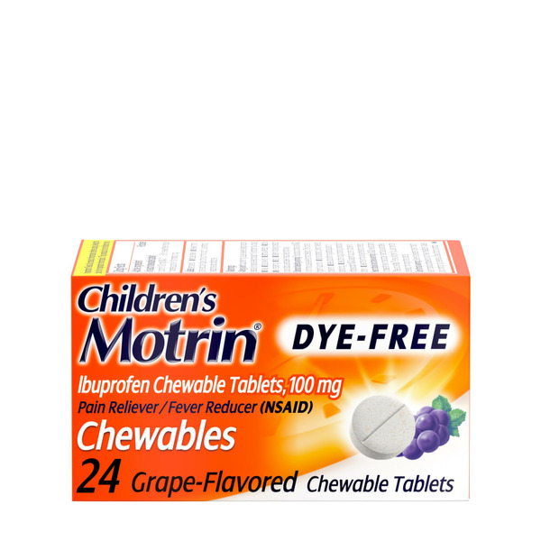 Pain Relief Children's Motrin Ibuprofen Chewable Tablets Dye-Free, 100 Mg, Grape hero