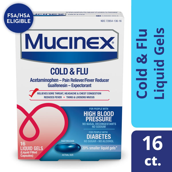 Muscles, Joints & Pain Relief Mucinex Cold & Flu Fast Release Liquid Gels For Adults With High Blood Pressure/Diabetes hero