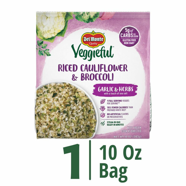 Fruit & Vegetable Snacks Del Monte Veggieful Riced Cauliflower & Broccoli Garlic and Herb, Bag hero