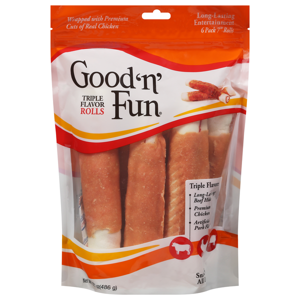 Good 'n' Fun Dog Snacks, Rolls, Triple Flavor hero