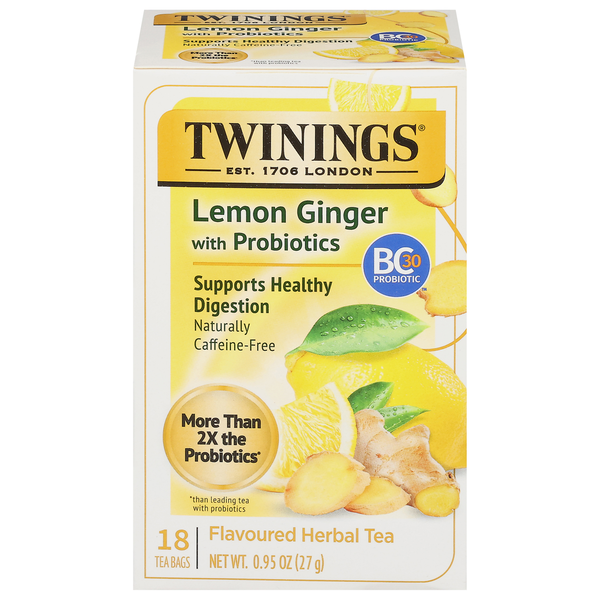 Tea Twinings Herbal Tea, Caffeine-Free, Lemon Ginger with Probiotics, Tea Bags hero