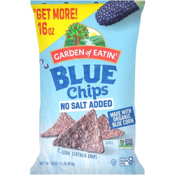 Chips & Pretzels Garden of Eatin' Corn Tortilla Chips, No Salt Added, Blue Chips hero