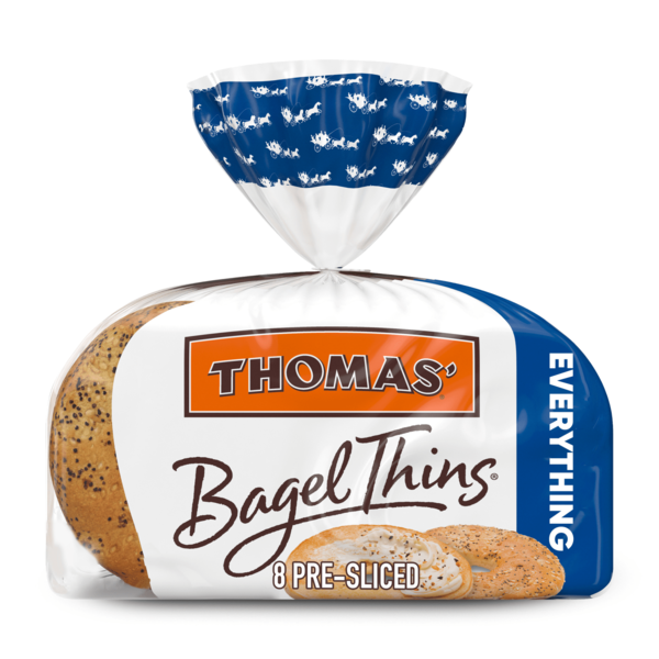 Breakfast Bakery Thomas’ Bagel Thins, 8 count, Everything Pre-sliced Bagels hero