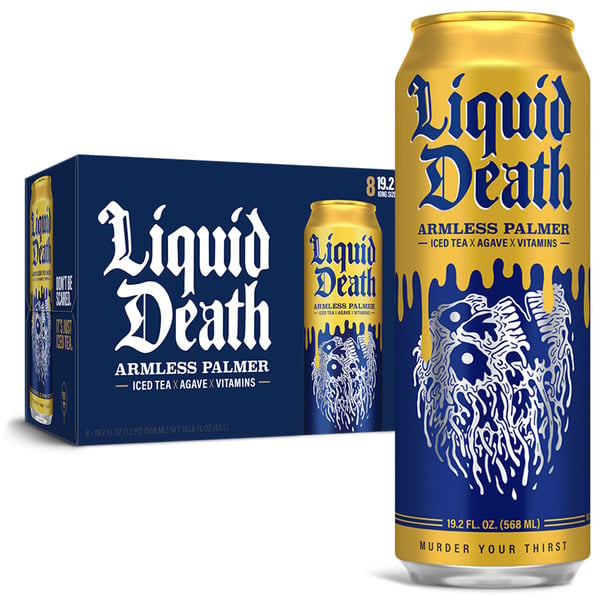 Liquid Death Iced Black Tea, Armless Palmer hero