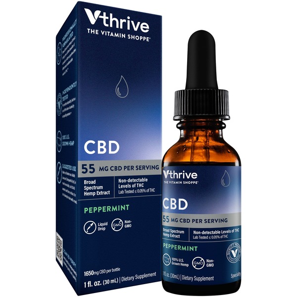 CBD Essential Oils The Vitamin Shoppe Vthrive 55mg CBD Peppermint Hemp Extract hero