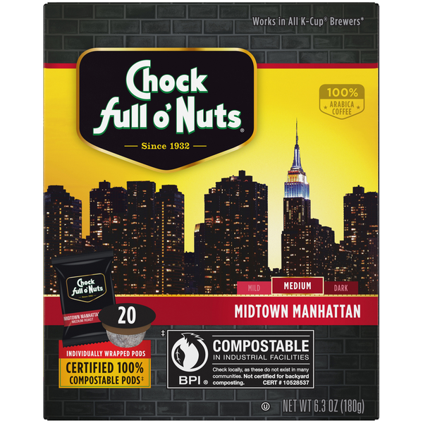 Coffee Chock full o’Nuts Midtown Manhattan Medium Roast Coffee Compostable Single Serve Pod hero