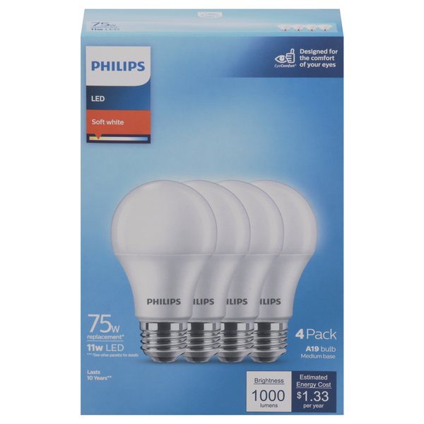 More Household Philips Light Bulbs, LED, Soft White, 11 Watts, 4 Pack hero