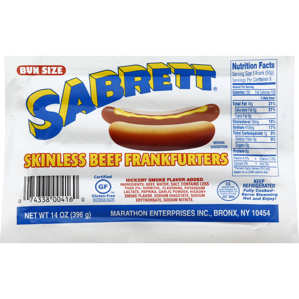 Hot Dogs & Bacon Sabrett Skinless Beef Frankfurters Bun Size hero