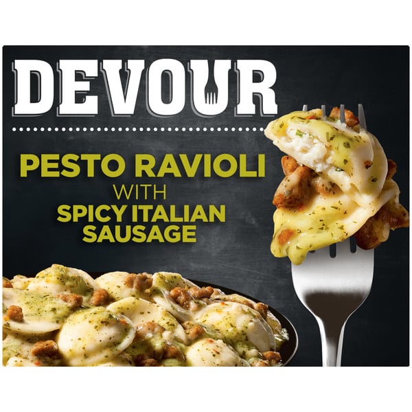 Frozen Meals DEVOUR Pesto Ravioli with Spicy Italian Sausage & Classic Basil Frozen Meal hero