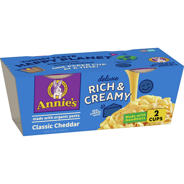 Frozen Meals Annie's Classic Cheddar Deluxe Rich and Creamy Micro Mac and Cheese Cups Organic Pasta hero