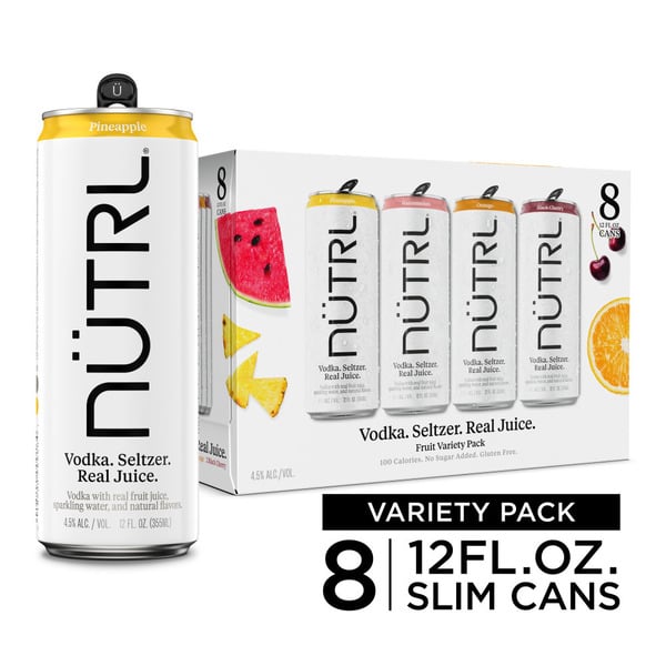 Flavored Adult Beverages NUTRL Vodka Hard Seltzer, Real Fruit Juice Variety Pack, Gluten Free, 8 Pack, 12 FL OZ Slim Cans hero