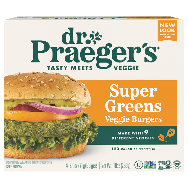 Frozen Vegan & Vegetarian Dr. Praeger's Veggie Burgers, Super Greens hero