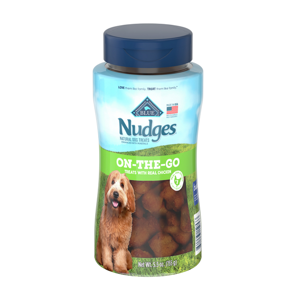 Blue Buffalo Nudges On The Go Natural Dog Treats, Chicken 5.5oz Reusable Container hero