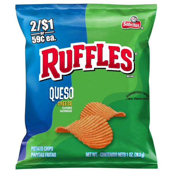 Chips & Pretzels Ruffles Potato Chips, Queso Cheese Flavored hero