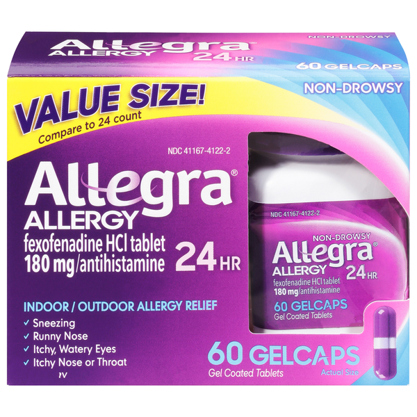 Cold, Flu & Allergy Allegra Allergy Relief, 24 Hr, Indoor/Outdoor, 180 mg, Gelcaps, Value Size hero