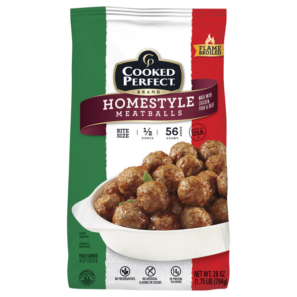 Frozen Meals Cooked Perfect Meatballs, Homestyle, Flame Broiled, Bite Size hero