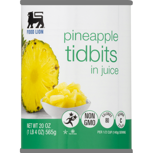 Canned Fruit & Applesauce Food Lion Pineapple Tidbits, In Juice, Can hero