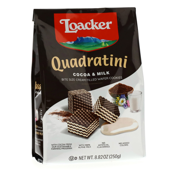 Chocolate & Chocolate Truffles Loacker Quadratini Cocoa and Milk, Bite-size Wafer Cookies hero