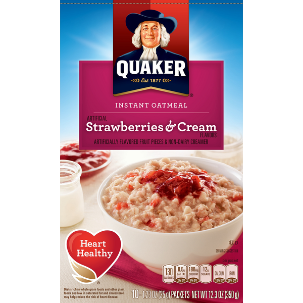 Hot Cereal & Pancake Mixes Quaker Oatmeal, Instant, Strawberries & Cream hero