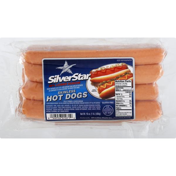 Hot Dogs, Bacon & Sausage SILVER STAR Hot Dogs, 38% Lower Sodium, Skinless hero