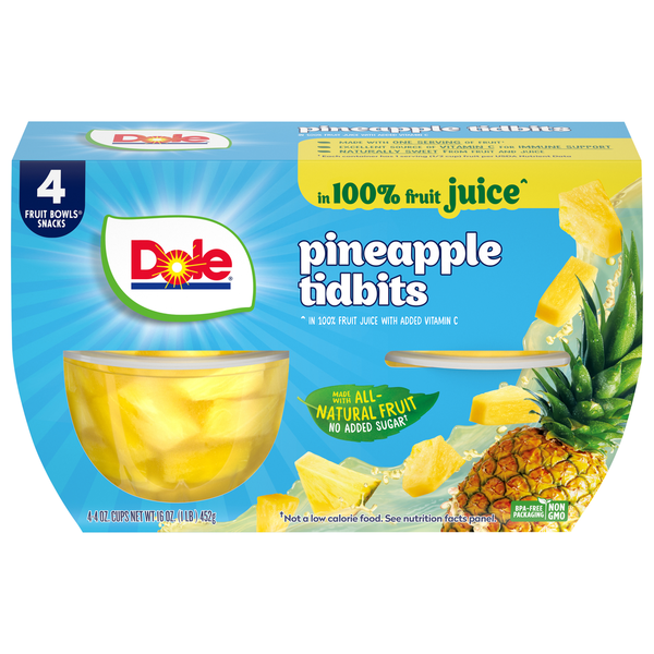 Packaged Vegetables & Fruits Dole Pineapple Tidbits, in 100% Fruit Juice hero