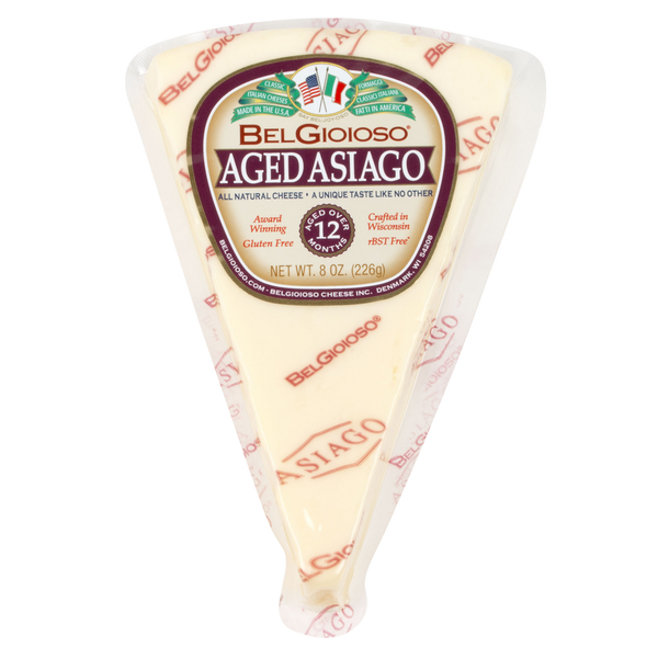 Specialty Cheeses BelGioioso Aged Asiago Cheese, Wedge 8 oz, Aged over 12 Months hero