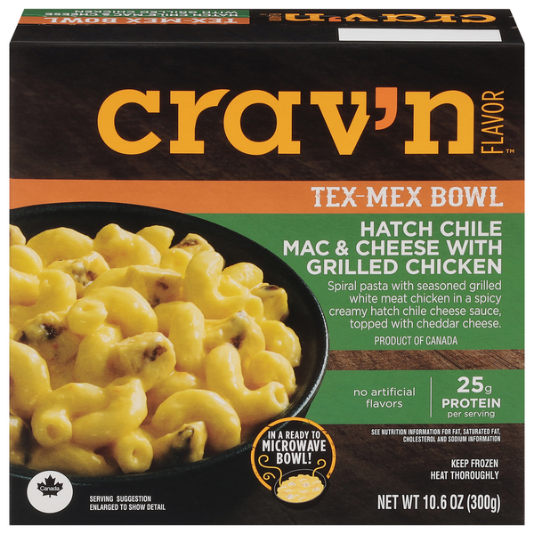 Frozen Meals Crav'n Flavor Tex-Mex Bowl, Hatch Chili Mac & Cheese with Grilled Chicken hero