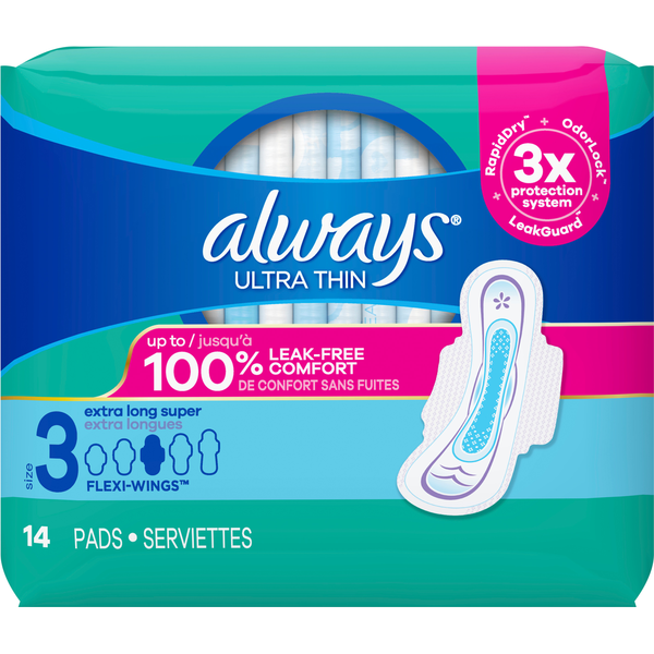 Feminine Care Always Ultra Thin, Size 3, Extra Long Super Pads With Wings, Unscented hero