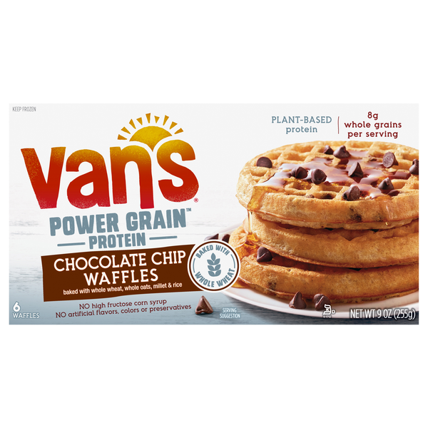 Frozen Breakfast Van's Foods Waffles, Protein, Chocolate Chip hero